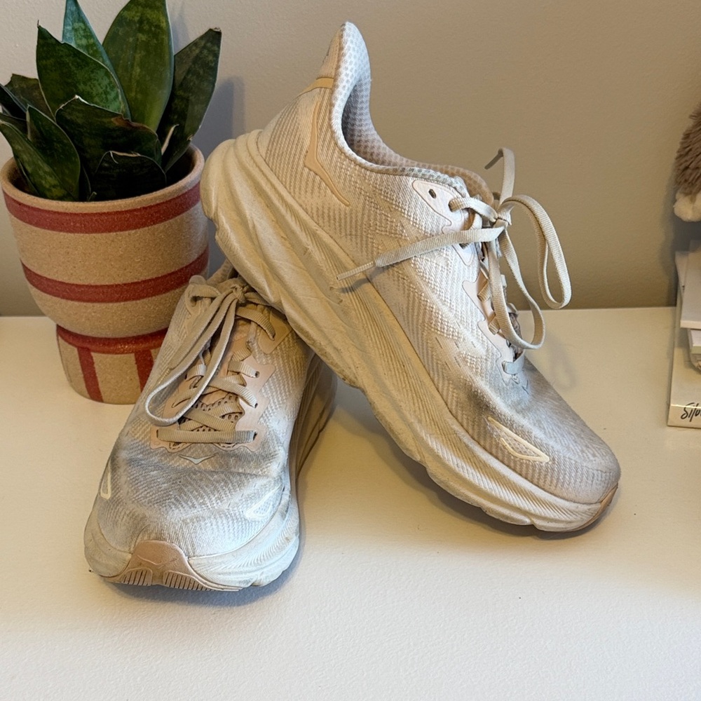 Hoka Cream and Gray Athletic Shoes